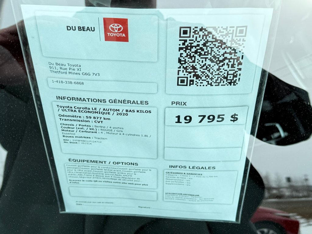 Toyota Corolla LE / AUTOM / BAS KILOS / ULTRA ÉCONOMIQUE / 2020 à Thetford Mines, Québec - 4 - w1024h768px