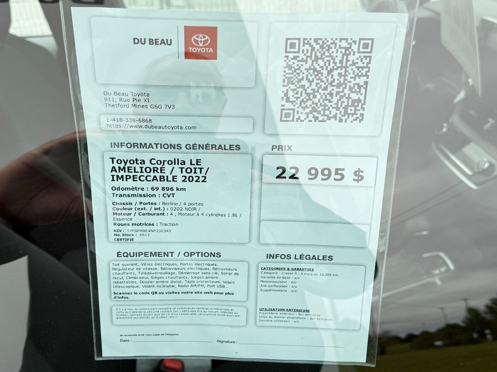 2022 Toyota Corolla LE AMELIORÉ / TOIT/ IMPECCABLE in Thetford Mines, Quebec - 4 - w1024h768px