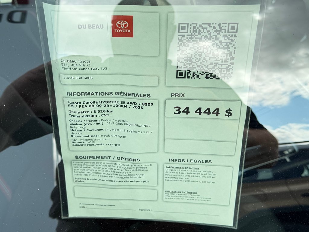 2025 Toyota Corolla HYBRIDE SE AWD / 8500 KM / PEA 08-09-29=100KM / in Thetford Mines, Quebec - 4 - w1024h768px