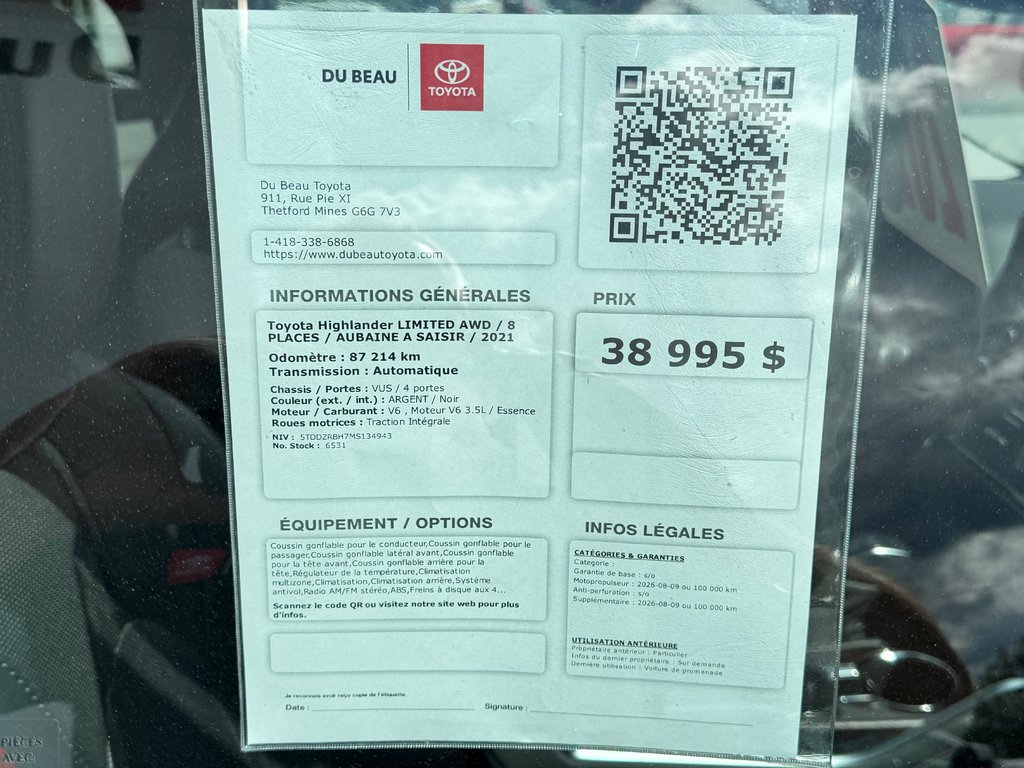 Toyota Highlander LIMITED AWD / 8 PLACES / AUBAINE A SAISIR / 2021 à Thetford Mines, Québec - 4 - w1024h768px