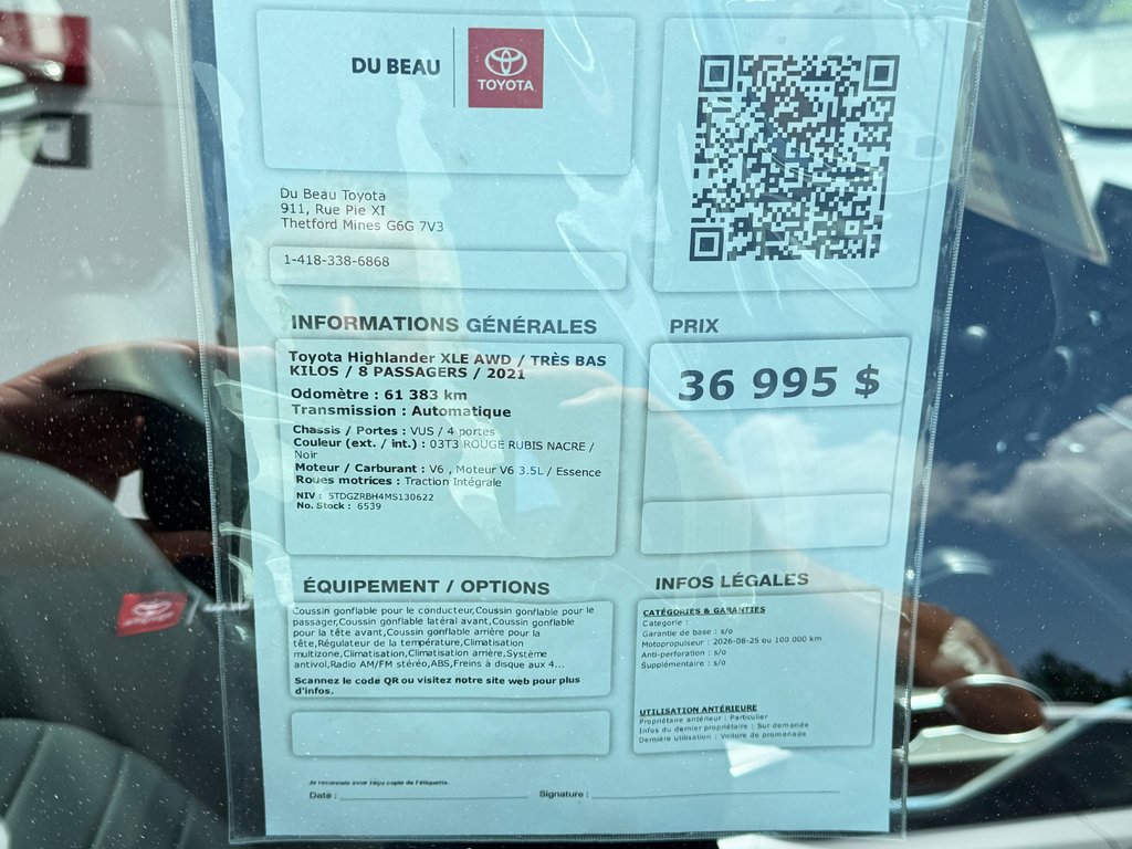 2021 Toyota Highlander XLE AWD / TRÈS BAS KILOS / 8 PASSAGERS / in Thetford Mines, Quebec - 5 - w1024h768px