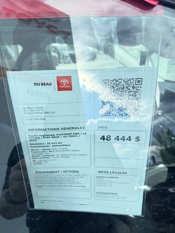 2022 Toyota Highlander ** EN PREPARATION ** PLATINUM AWD / LA TOTALE / ÉTAT NEUF / 20.700KM / in Thetford Mines, Quebec - 4 - w1024h768px