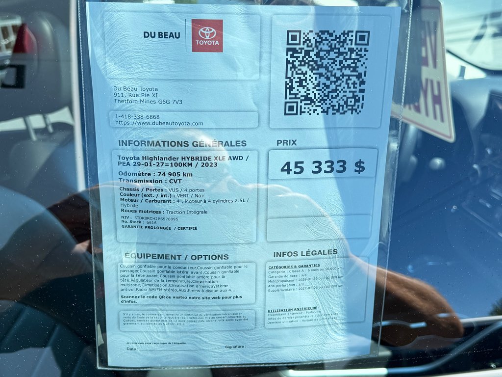 2023 Toyota Highlander HYBRIDE XLE AWD / PEA 29-01-27=100KM / in Thetford Mines, Quebec - 4 - w1024h768px
