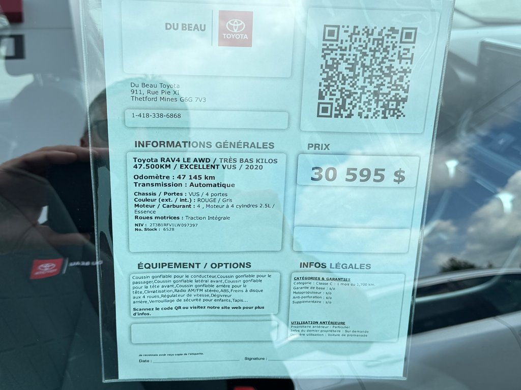 Toyota RAV4 LE AWD / TRÈS BAS KILOS 47.500KM / EXCELLENT VUS / 2020 à Thetford Mines, Québec - 4 - w1024h768px