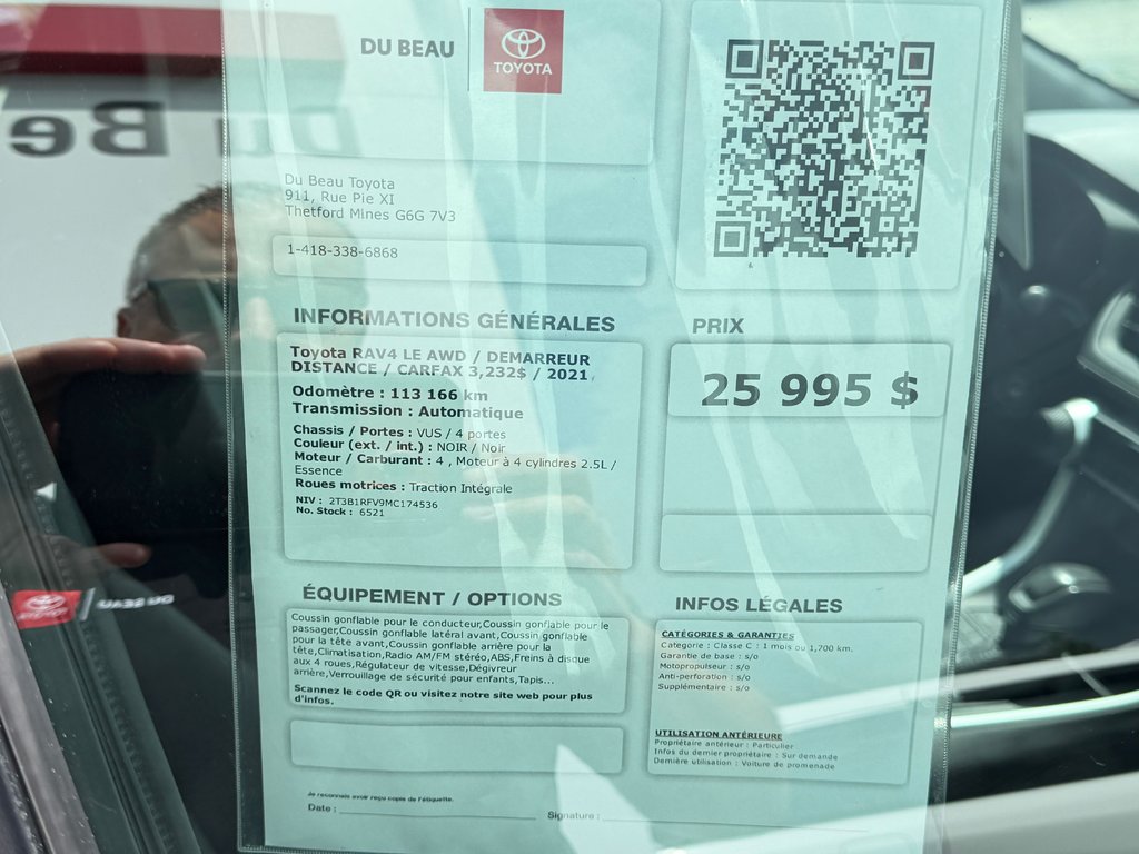 2021 Toyota RAV4 LE AWD / DEMARREUR DISTANCE / CARFAX 3,232$ / in Thetford Mines, Quebec - 4 - w1024h768px