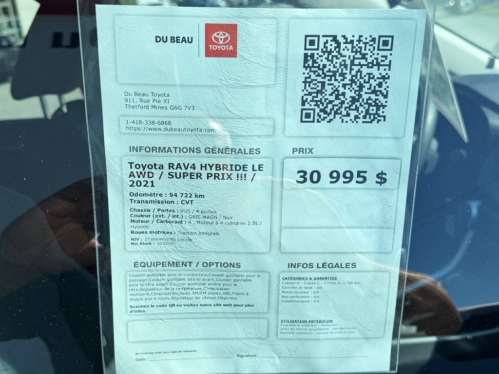 Toyota RAV4 HYBRIDE LE AWD / SUPER PRIX !!! / 2021 à Thetford Mines, Québec - 4 - w1024h768px
