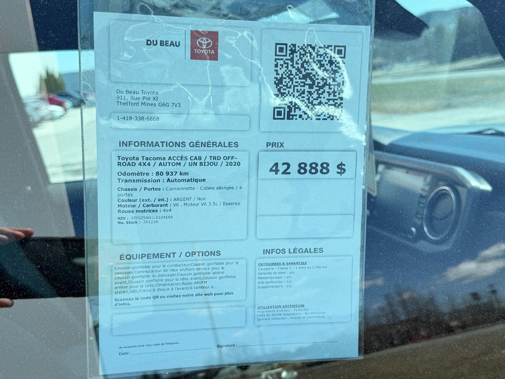 2020 Toyota Tacoma ACCÈS CAB / TRD OFF-ROAD 4X4  / AUTOM / UN BIJOU / in Thetford Mines, Quebec - 4 - w1024h768px