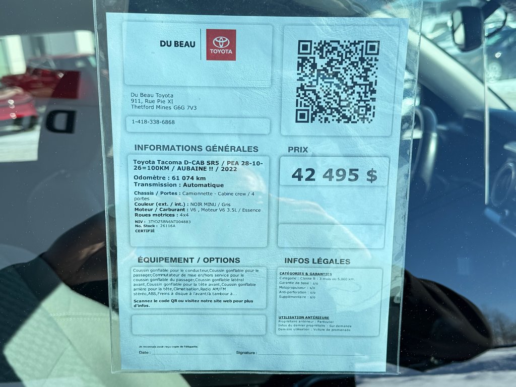 Toyota Tacoma D-CAB SR5 / PEA 28-10-26=100KM / MARCHEPIEDS / TOILE / 2022 à Thetford Mines, Québec - 4 - w1024h768px