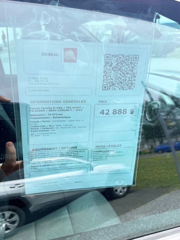 Toyota Tacoma D-CAB / TRD SPORT / 79.950KM / BEAU CAMION !! / 2022 à Thetford Mines, Québec - 6 - w1024h768px