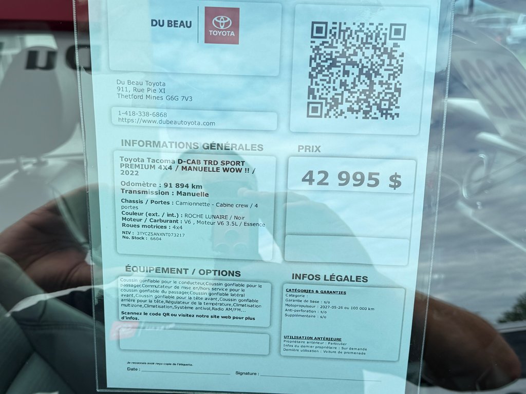 Toyota Tacoma D-CAB TRD SPORT PREMIUM 4X4 / MANUELLE WOW !! / 2022 à Thetford Mines, Québec - 4 - w1024h768px