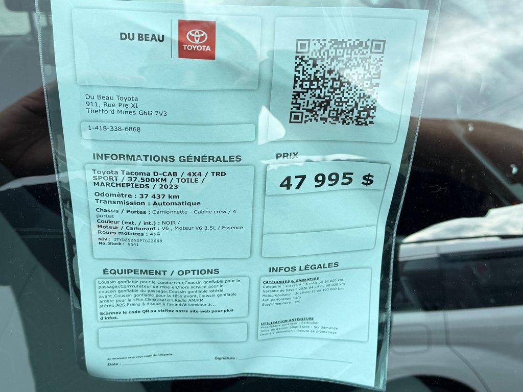 Toyota Tacoma D-CAB / 4X4 / TRD SPORT / 37.500KM / TOILE / MARCHEPIEDS  / 2023 à Thetford Mines, Québec - 4 - w1024h768px