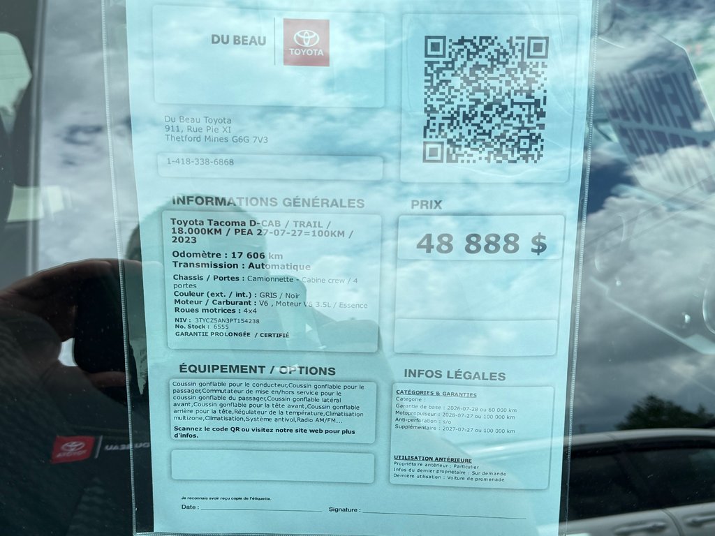 2023 Toyota Tacoma D-CAB / TRAIL / 18.000KM / PEA 27-07-27=100KM / in Thetford Mines, Quebec - 5 - w1024h768px