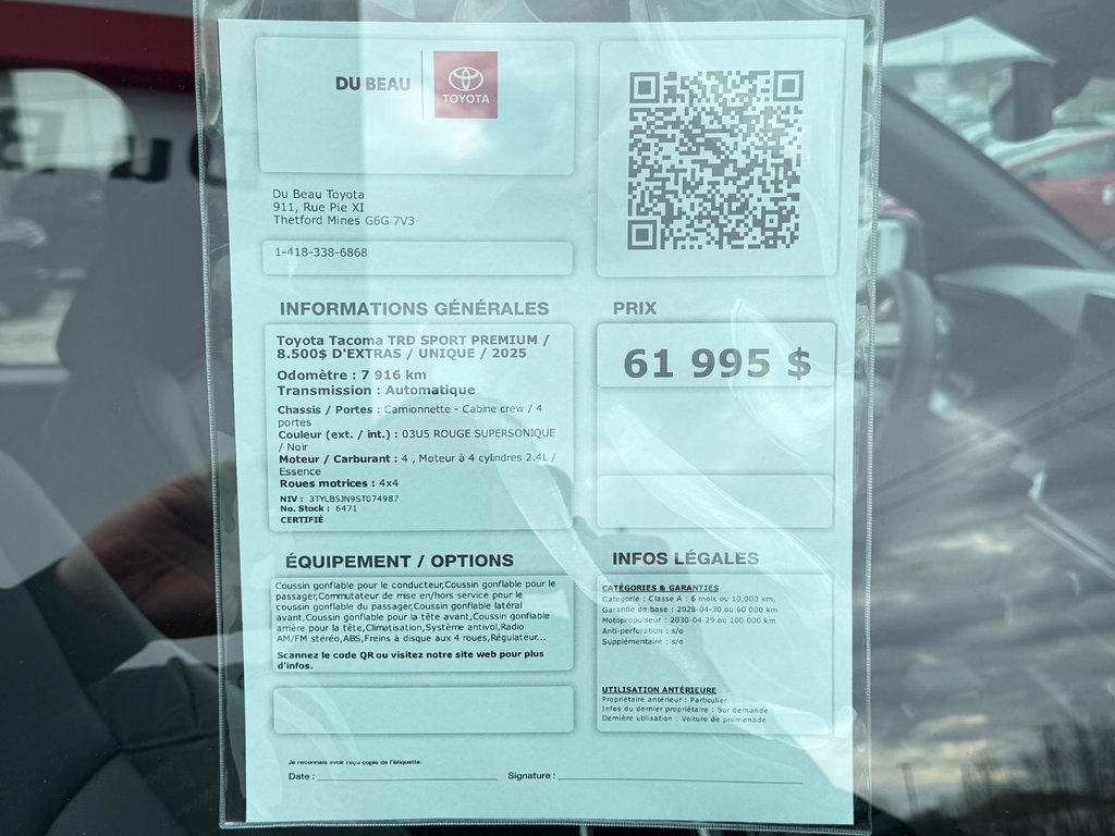 Toyota Tacoma TRD SPORT PREMIUM / 8.500$ D'EXTRAS / UNIQUE / 2025 à Thetford Mines, Québec - 4 - w1024h768px