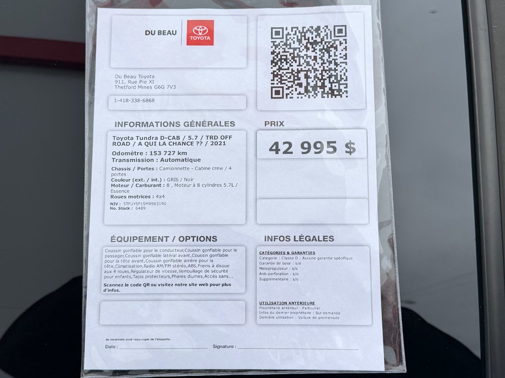 2021 Toyota Tundra D-CAB / 5.7 / TRD OFF ROAD / A QUI LA CHANCE ?? / in Thetford Mines, Quebec - 4 - w1024h768px