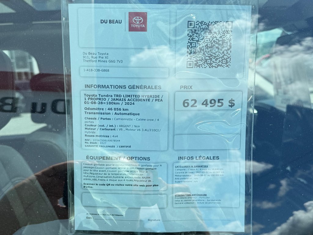 2024 Toyota Tundra TRD LIMITED HYBRIDE / 1 PROPRIO / JAMAIS ACCIDENTÉ /  PEA 01-08-28=100km / in Thetford Mines, Quebec - 4 - w1024h768px
