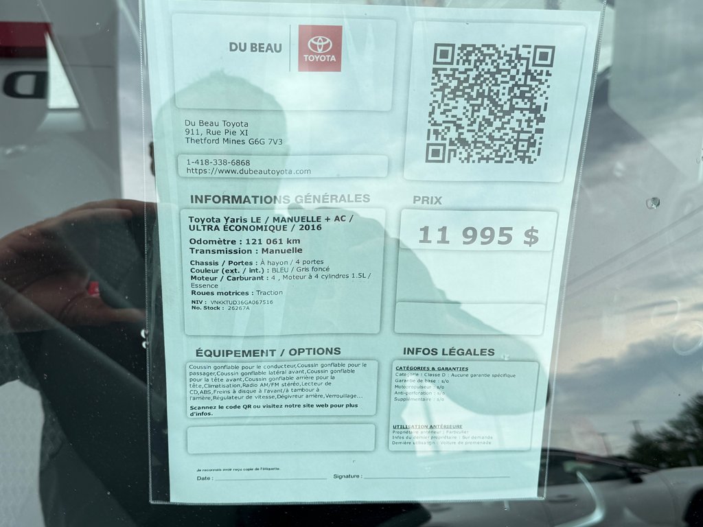 2016 Toyota Yaris LE / MANUELLE + AC / ULTRA ÉCONOMIQUE / in Thetford Mines, Quebec - 4 - w1024h768px
