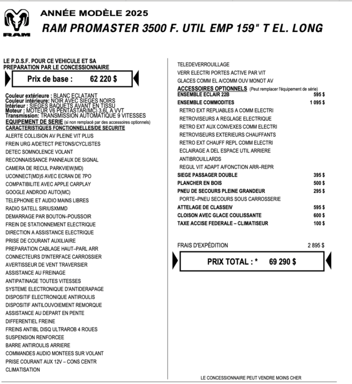 Ram ProMaster Cargo Van 3500 High Roof 159' EXT 2025 à Repentigny, Québec - 2 - w1024h768px