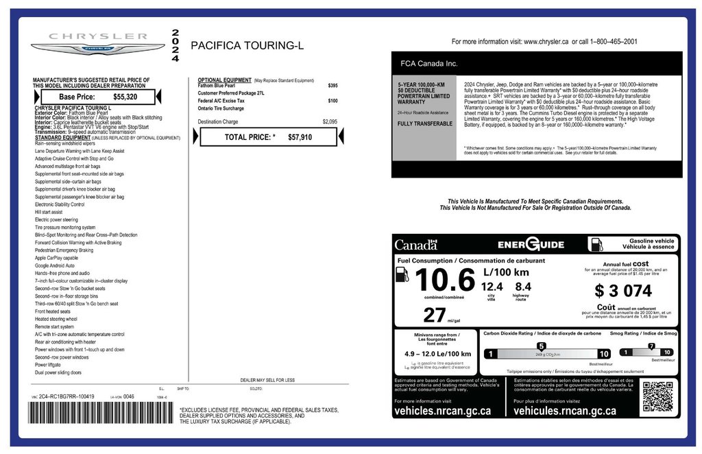 Chrysler Pacifica Touring-L | Leather | Cam | USB | HtdSeats 2024 à Saint John, Nouveau-Brunswick - 3 - w1024h768px