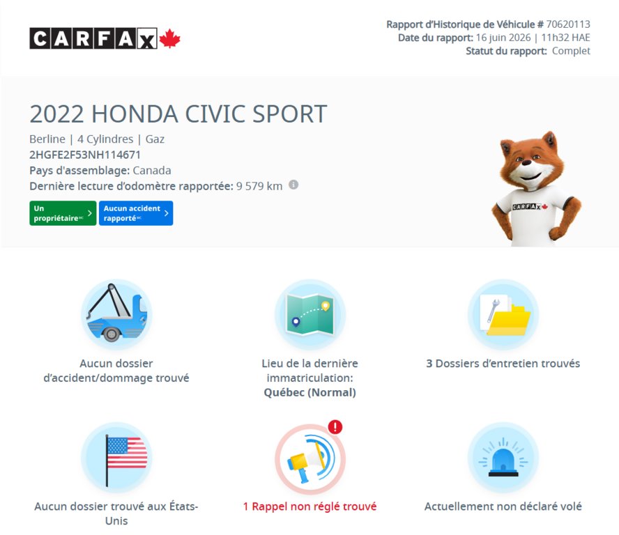 Honda Civic Sport | 8 ROUES | BAS KM | DÉMARREUR | TOIT | CARPLAY | CAMÉRA +++ 2022 à Laval, Québec - 2 - w1024h768px