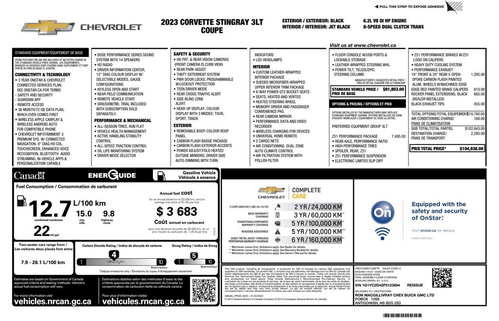 2023 Chevrolet Corvette Z51 in Antigonish, Nova Scotia - 2 - w1024h768px