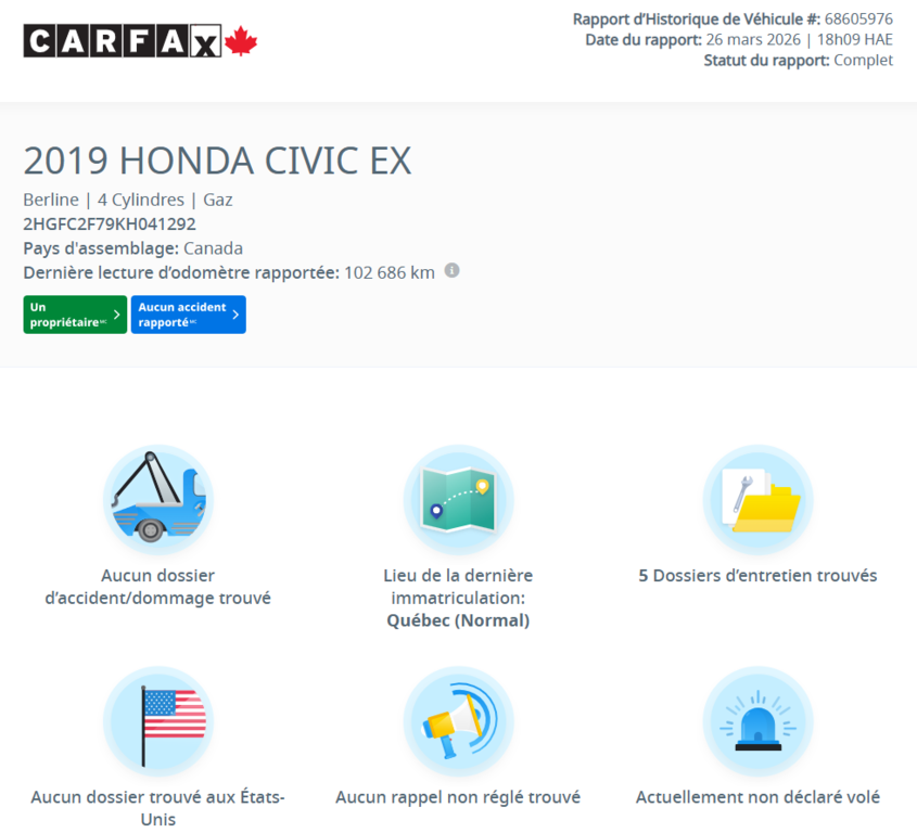 Honda Civic EX TOIT | DÉMARREUR | CARPLAY | CAMÉRA +++ 2019 à Laval, Québec - 2 - w1024h768px