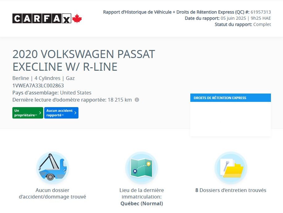 Volkswagen Passat Execline R-LINE | TOIT | CUIR | CARPLAY | BAS KM! 2020 à Laval, Québec - 2 - w1024h768px