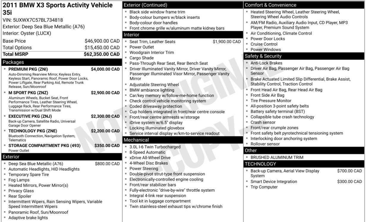 2011 BMW X3 xDrive35i, 温哥华, 全款车