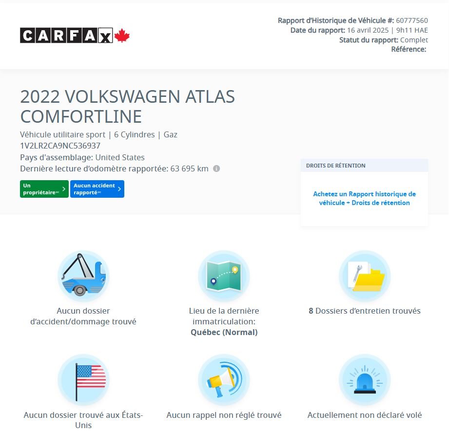 2022 Volkswagen Atlas Comfortline V6 | CARPLAY | CAM | CUIR | DÉMARREUR Comfortline V6 | CARPLAY | CAM | CUIR | DÉMARREUR