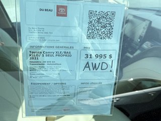 Toyota Camry XLE AWD /BAS KILO/ 1 SEUL PROPRIO 2021 à Thetford Mines, Québec - 4 - w320h240px