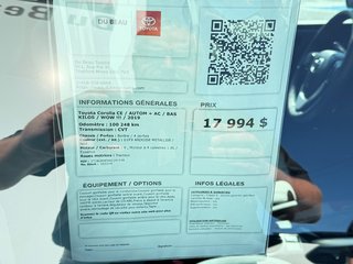 Toyota Corolla CE / AUTOM + AC / BAS KILOS / WOW !!! / 2019 à Thetford Mines, Québec - 4 - w320h240px