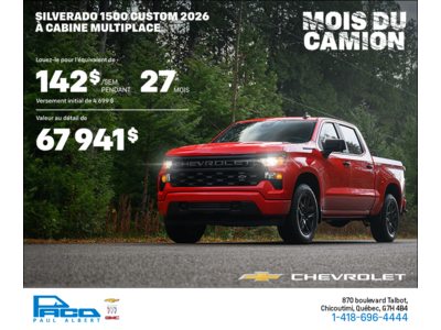 Procurez-vous le Chevrolet Silverado 1500 Custom 2026 à Cabine Multiplace