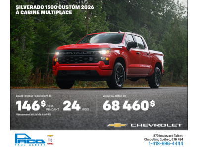 Procurez-vous le Chevrolet Silverado 1500 Custom 2026 à Cabine Multiplace