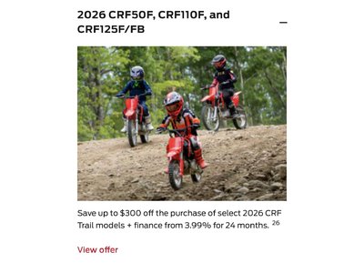 2026 CRF50F, CRF110F, and CRF125F/FB [in Stock]