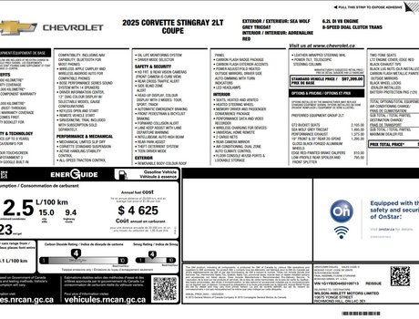 2025 Chevrolet Corvette 2LT | Leather | Roof | Nav | Htd/Cooled Seats