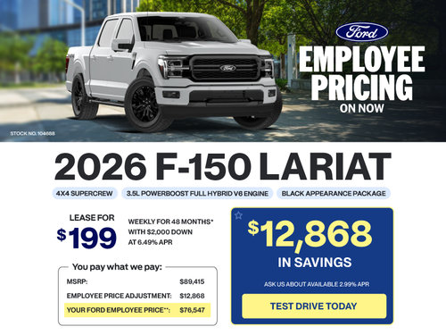 Lease a 2026 Ford F-150 Lariat Hybrid Black Appearance for $199 weekly*