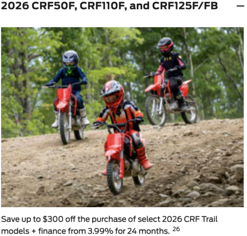 2026 CRF50F, CRF110F and CRF125F/FB [In Stock]