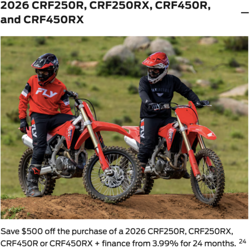 2026 CRF250R, CRF250RX, CRF450R, CRF450RX [In Stock]