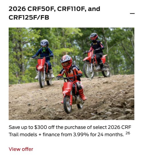 2026 CRF50F, CRF110F, and CRF125F/FB [in Stock]