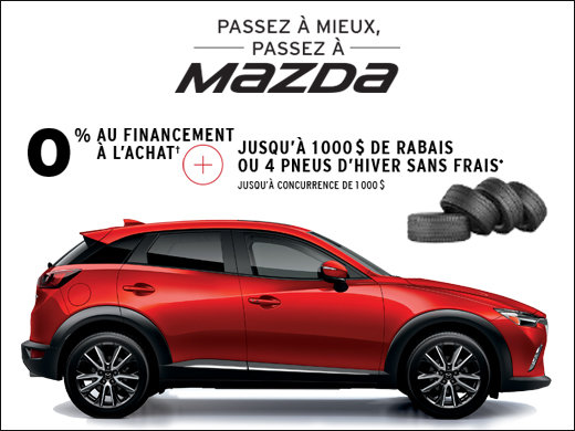 0% financement à l'achat + 1000$ de rabais ou 4 pneus d'hiver sans frais! chez Prestige Mazda à Shawinigan