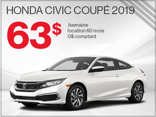 La Honda Civic Coupé 2019 pour 63$ par semaine chez Avantage Honda à Shawinigan