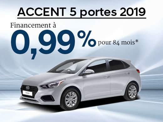 Financement 0,99% sur 84 mois sur la Hyundai Accent 5 portes 2019 chez Hyundai Shawinigan à Shawinigan