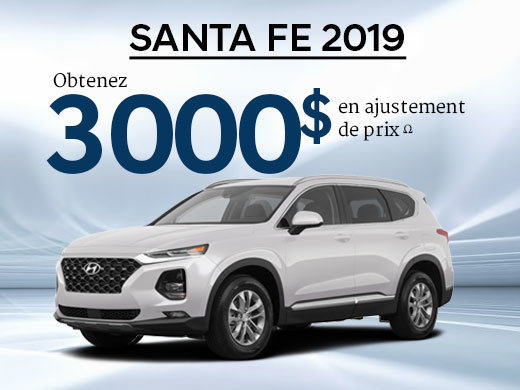 3 000$ en ajustement de prix pour le Santa Fe 2.4L Essential 2019 chez Hyundai Shawinigan à Shawinigan