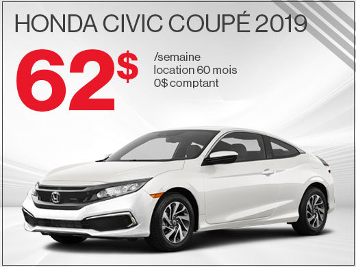 La Honda Civic Coupé 2019 pour 62$ par semaine chez Avantage Honda à Shawinigan