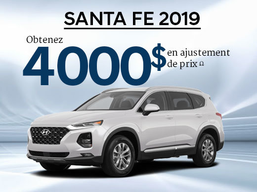 4 000$ en ajustement de prix pour le Santa Fe 2.4L Essential 2019 chez Hyundai Trois-Rivières à Trois-Rivières