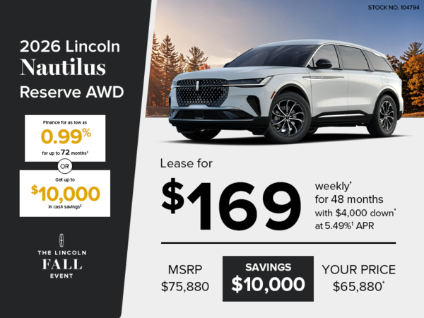 Lease a 2026 Lincoln Nautilus Reserve AWD for $169 weekly*