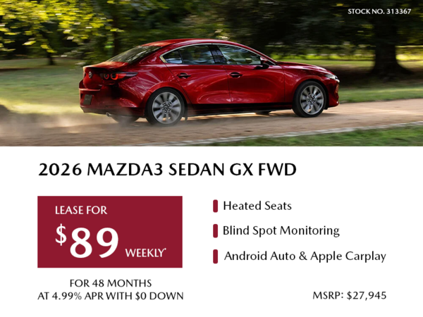 Lease a 2026 Mazda3 Sedan GX FWD for $89 per week*