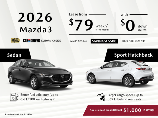 Lease a 2026 Mazda3 Sedan GX from $79 per week*