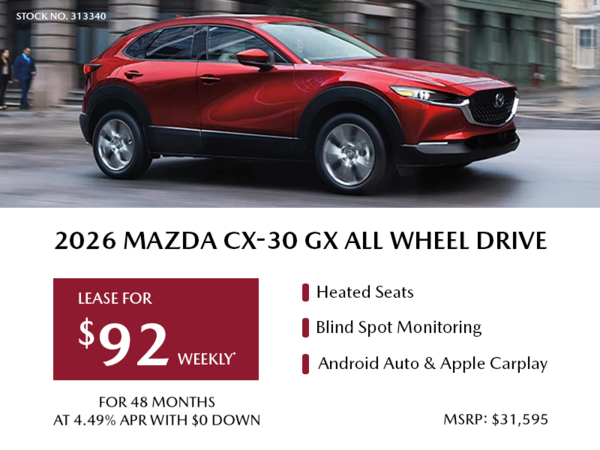 Lease a 2026 Mazda CX-30 GX AWD for $92 per week*