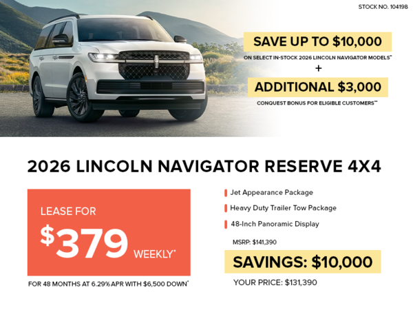 Lease a 2026 Lincoln Navigator Reserve 4X4 for $379 weekly*