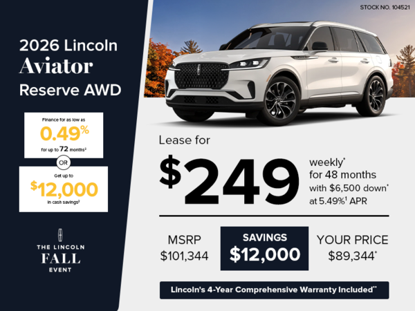 Lease a 2026 Lincoln Aviator Reserve AWD for $249 weekly*